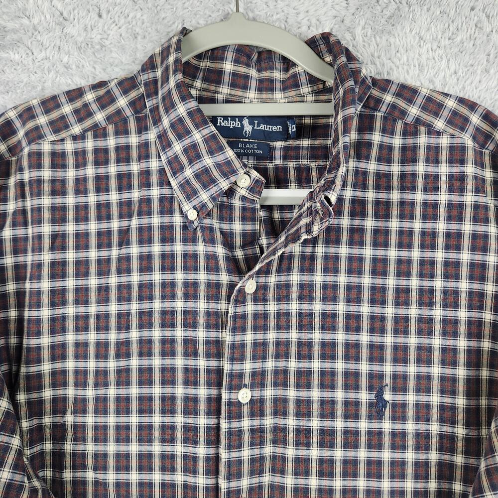 Vintage Ralph Lauren Blake Shirt Mens 2XL Blue Plaid Cotton Button Down Pony USA